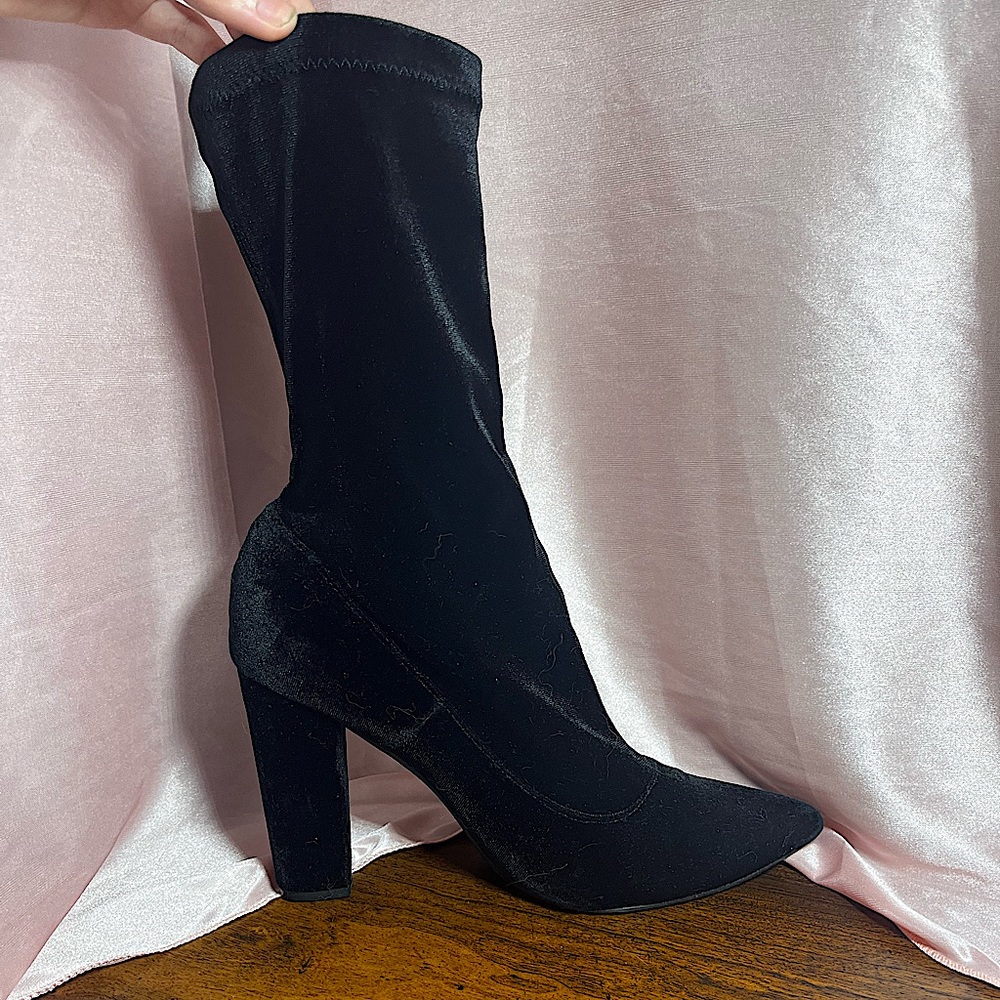 Black velvet heel boots